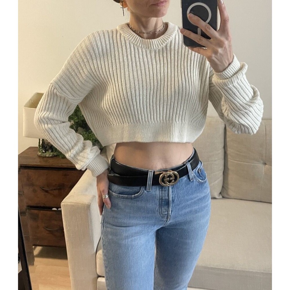 Urban Outfitters Cream Ribbed Cropped Knit Sweater Crewneck XS